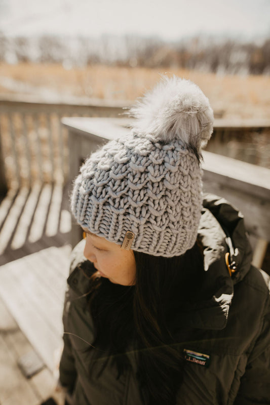 Gray Merino Wool Knit Hat with Faux Fur Pom Pom