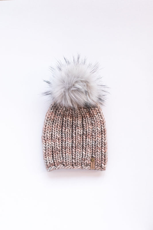 Pearl Gray Merino Wool Ribbed Knit Hat with Faux Fur Pom Pom