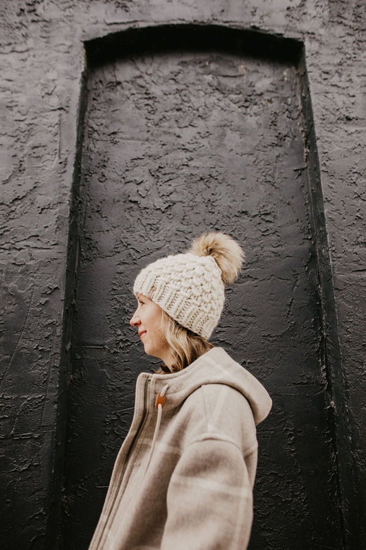 Ivory Peruvian Wool Knit Hat with Faux Fur Pom Pom