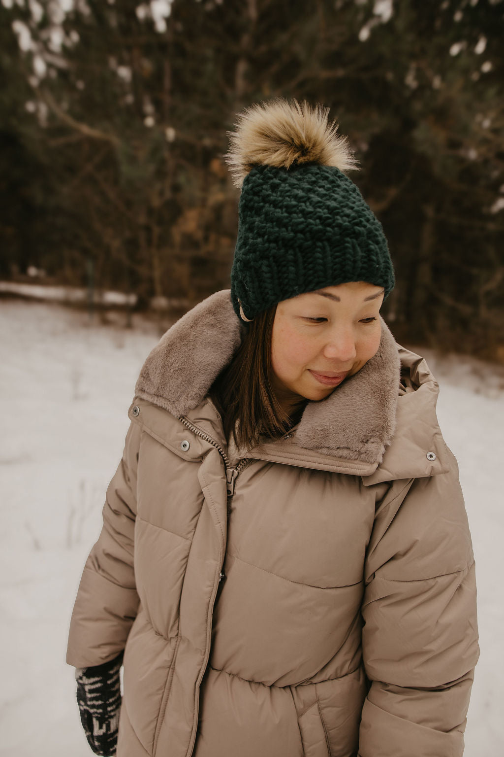 Forest Green Peruvian Wool Knit Hat with Faux Fur Pom Pom