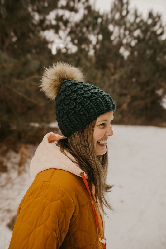 Forest Green Peruvian Wool Knit Hat with Faux Fur Pom Pom