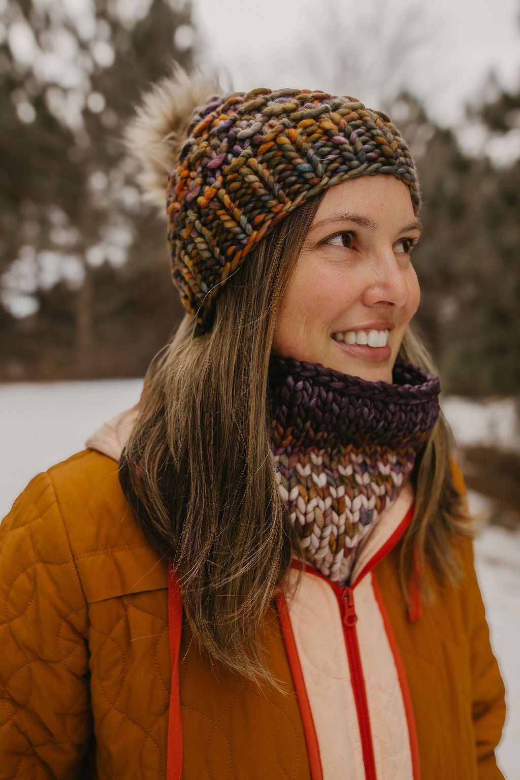 Brown Multi-Color Merino Wool Knit Hat with Faux Fur Pom Pom