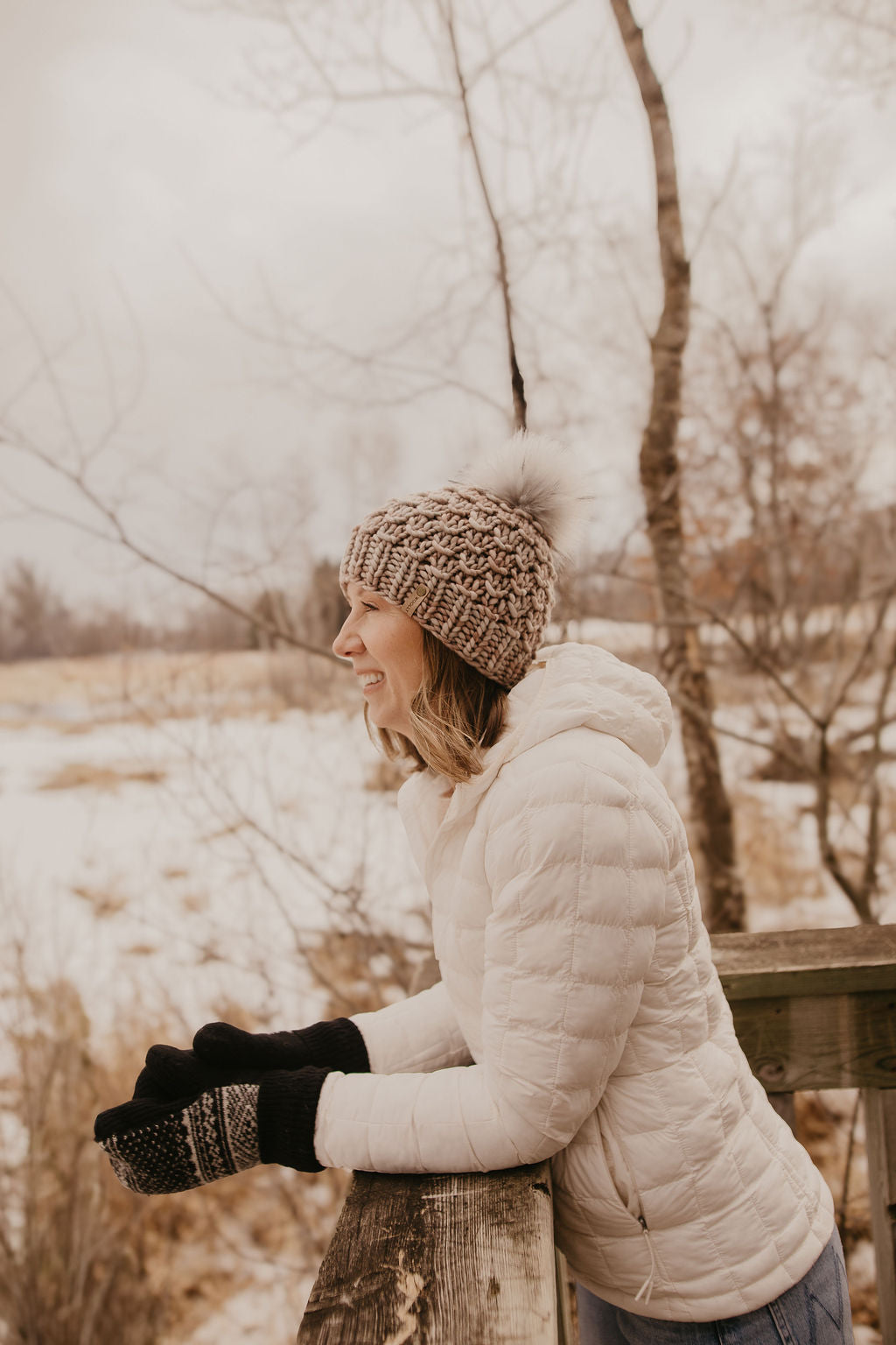 Pearl Gray Merino Wool Knit Hat with Faux Fur Pom Pom