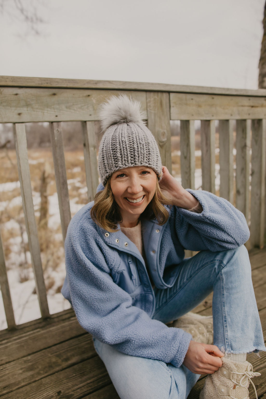 Gray Merino Wool Ribbed Knit Hat with Faux Fur Pom Pom