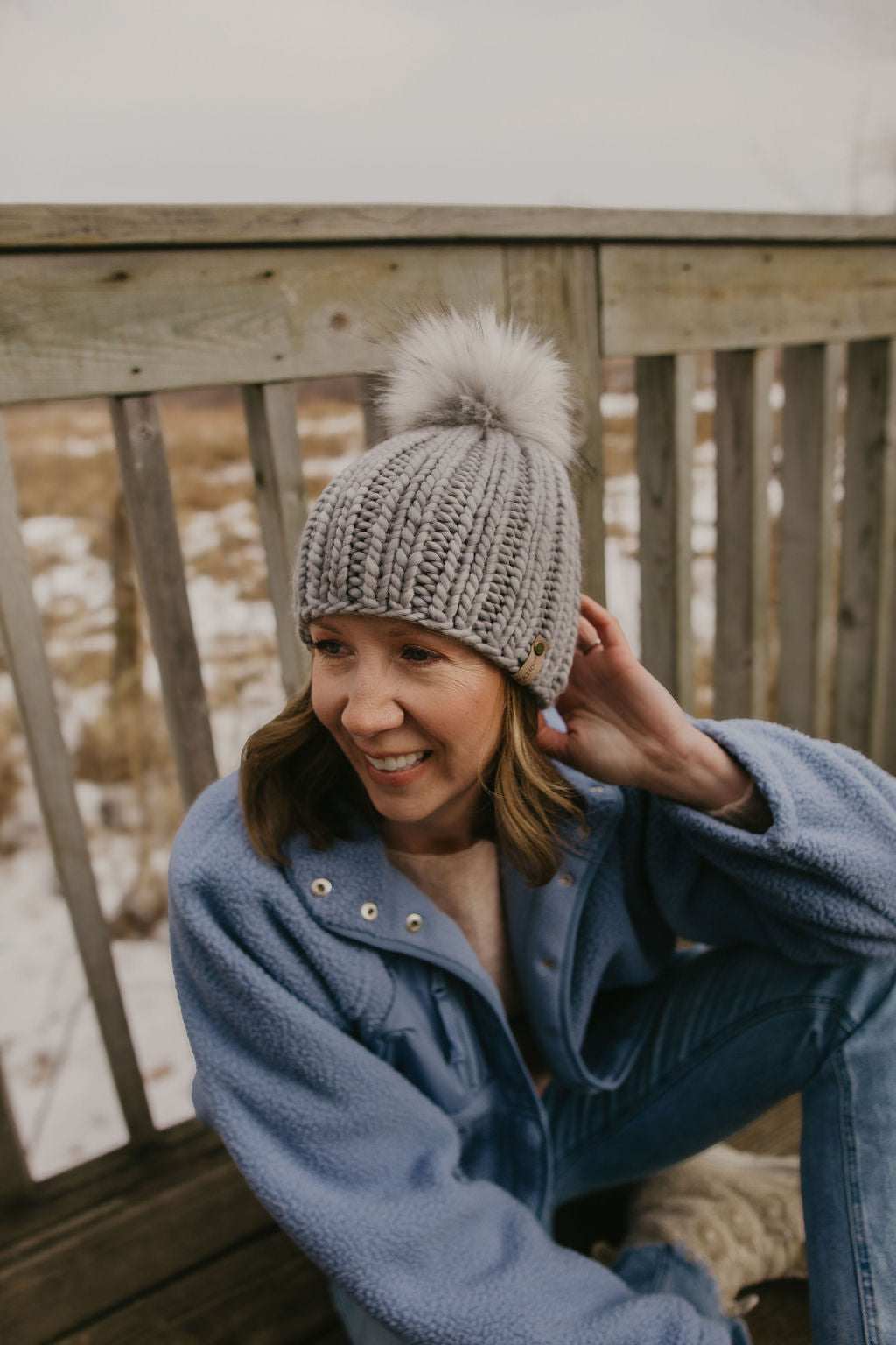 Gray Merino Wool Ribbed Knit Hat with Faux Fur Pom Pom