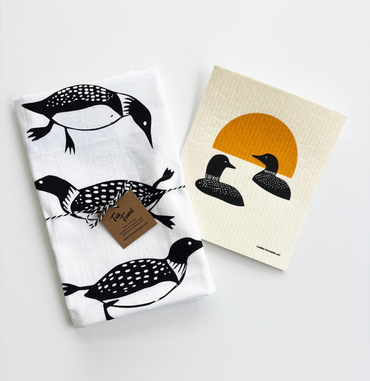 Swimming Loon Tea towel and Swedish Dishcloth Combo