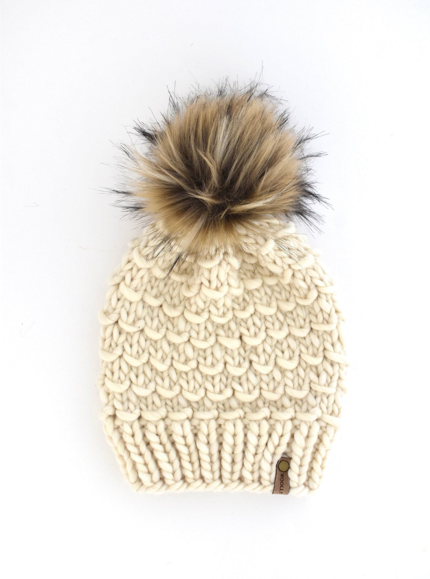 Ivory Peruvian Wool Knit Hat with Faux Fur Pom Pom