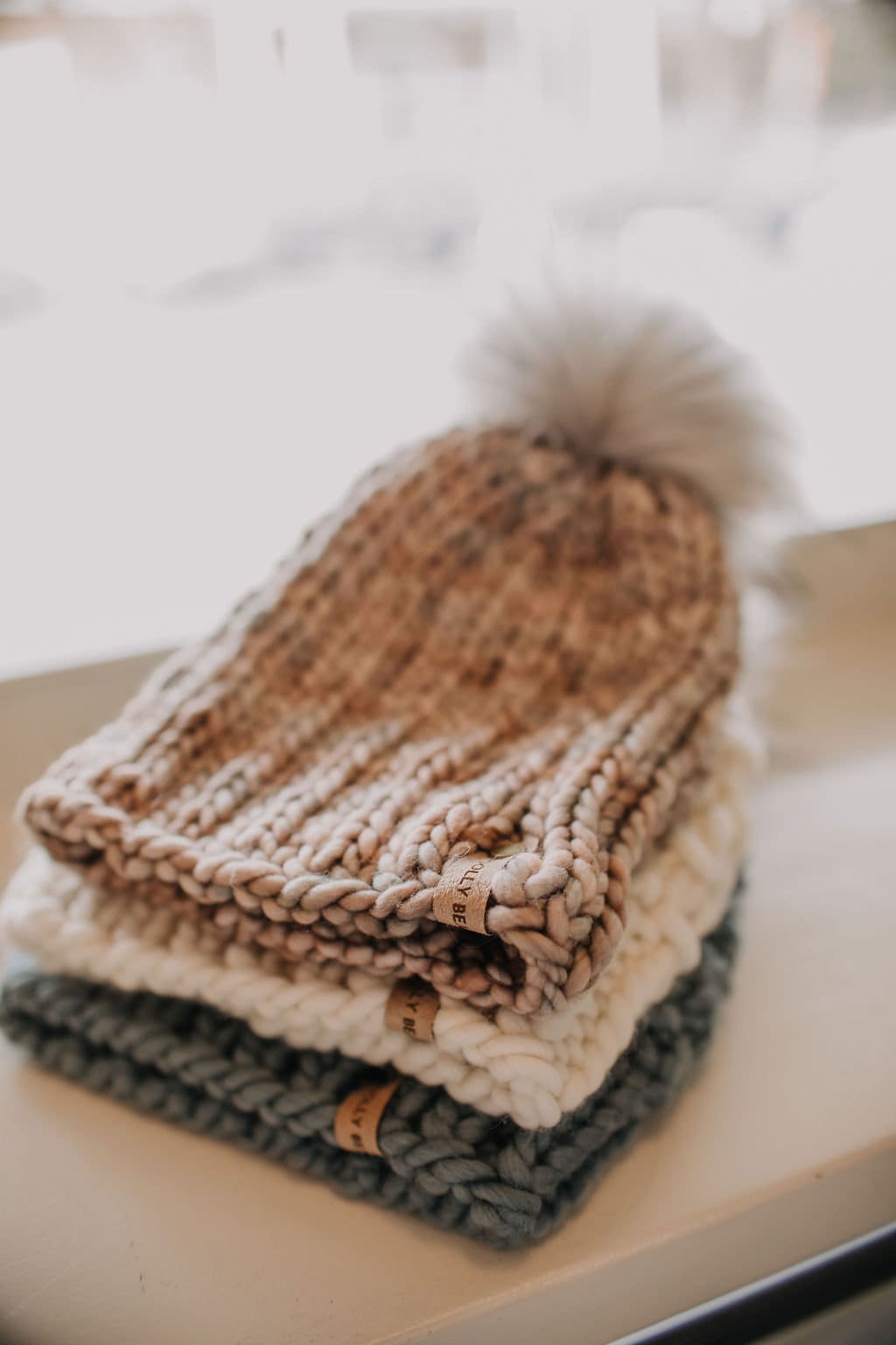 Pearl Gray Merino Wool Ribbed Knit Hat with Faux Fur Pom Pom