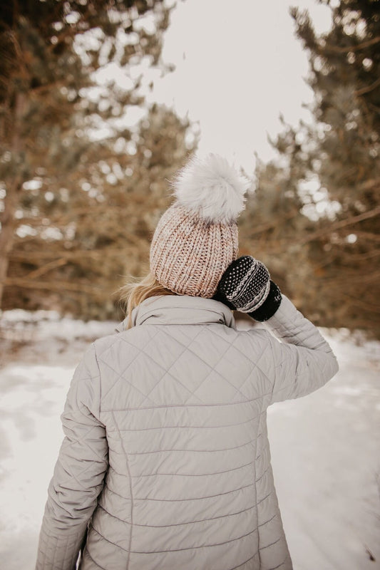Pearl Gray Merino Wool Ribbed Knit Hat with Faux Fur Pom Pom