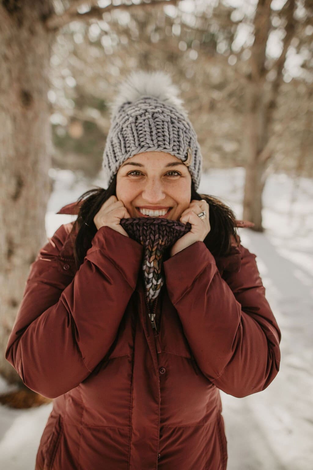 Gray Merino Wool Knit Hat with Faux Fur Pom Pom