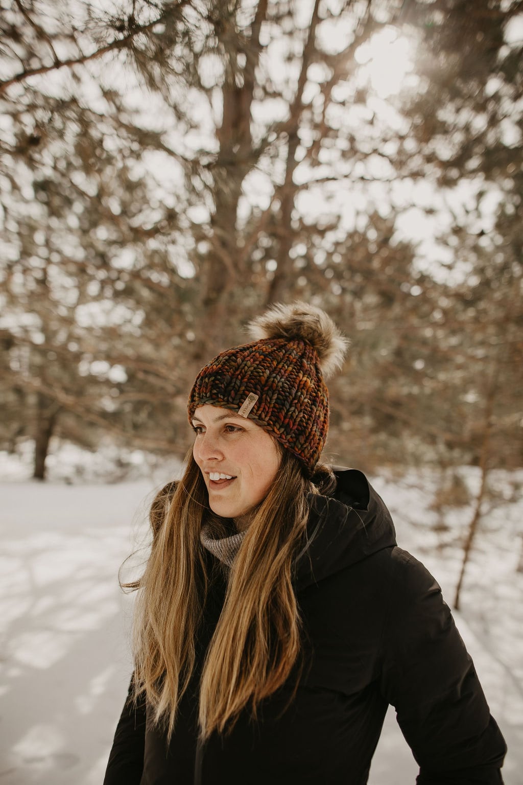 Brown Multi-Color Merino Wool Ribbed Knit Hat with Faux Fur Pom Pom