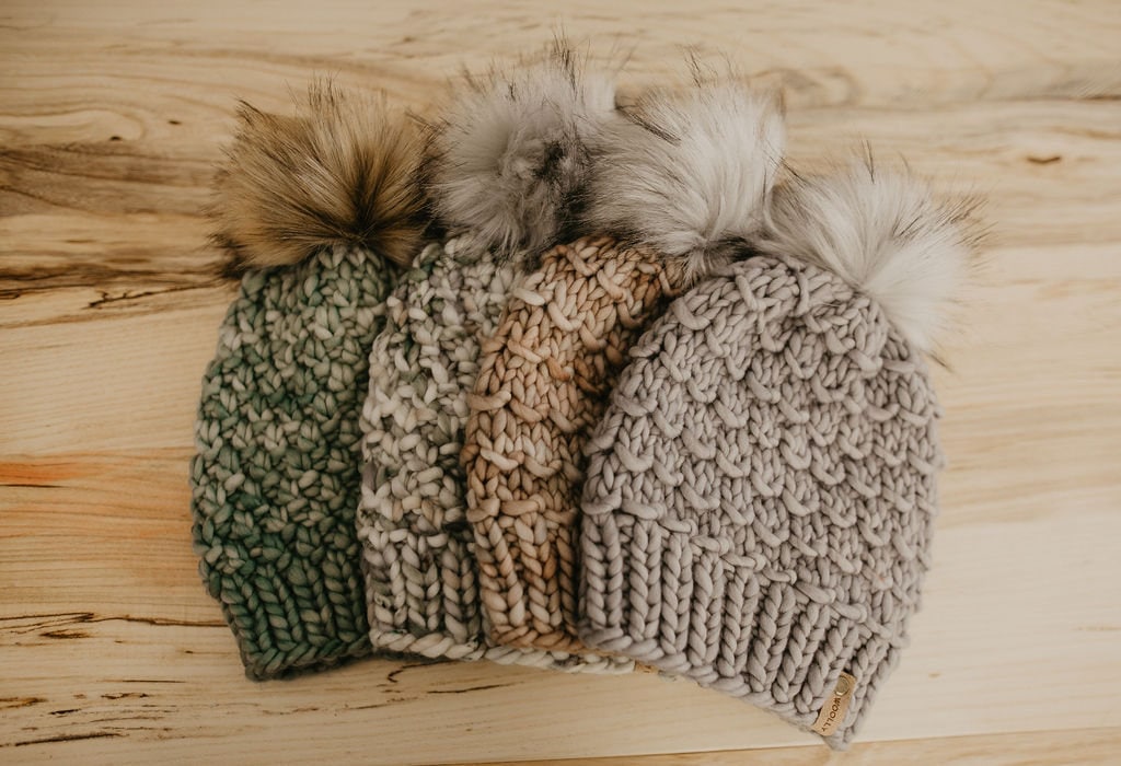 Gray Merino Wool Knit Hat with Faux Fur Pom Pom